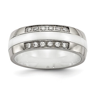 White Ceramic CZ Diamond Ring Stainless Steel Polished SR562, MPN: SR562, 191101852978