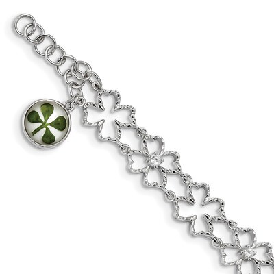 Clover Epoxy &amp; Shell CZ Diamond 0.5 inch Extender Bracelet 6.5 Inch Sterling Silver Platinum-plated…