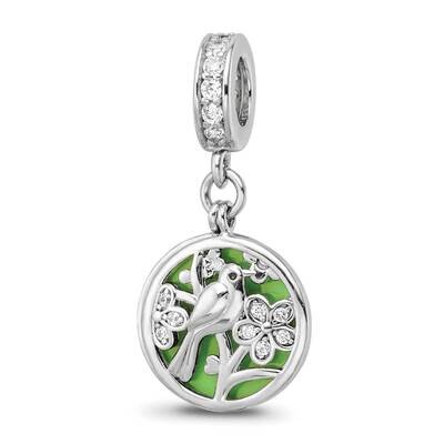 CZ Enamel Bird/Flower 2-piece Dangle Bead Sterling Silver Rhodium-plated QRS4135, MPN: QRS4135,