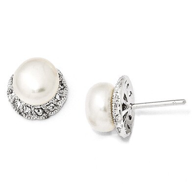 White Fresh Water Cultured Pearl Stud Earrings Sterling Silver Synthetic Diamond QCM288, MPN: QCM28…