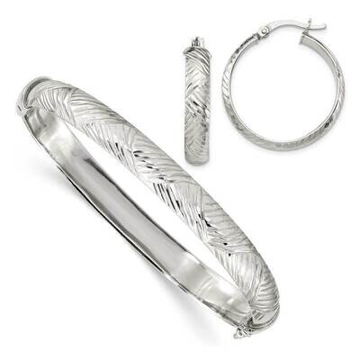 Bangle 7.5mm &amp; Hoop 5mm Earring Set Sterling Silver Diamond Cut QB1337SET, MPN: QB1337SET, 88677400…