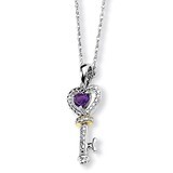 14k Gold Amethyst and Diamond Key Necklace Sterling Silver QG2710-17, MPN: QG2710-17, 685146726450