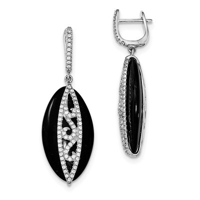 CZ Diamond &amp; Onyx Hinged Hoop Earrings Sterling Silver Rhodium-plated QE12338, MPN: QE12338, 883957…