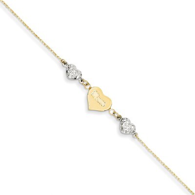 Diamond-cut Puffed Heart MOM with 1in Ext Anklet 9 Inch 14k Two-Tone Gold ANK253-9, MPN: ANK253-9, …