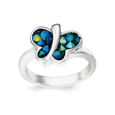 Rhodium-plated Blue Crystal Butterfly Ring Sterling Silver QR6014-6