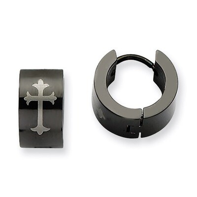 Black IP-plated Round Hinged Hoop with Cross Earrings - Stainless Steel SRE337 by Chisel, MPN: SRE3…
