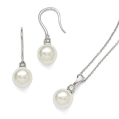 10-11Mm White Shell Bead &amp; CZ Earrings and Necklace Set Sterling Silver QMJS102W, MPN: QMJS102W, 88…
