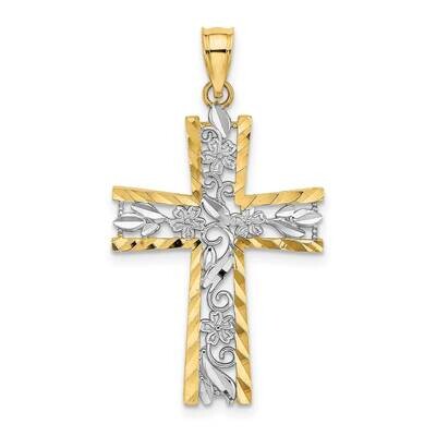 Flower Design Cross Charm 14k Gold Rhodium Diamond-cut K9496, MPN: K9496, 637218140664