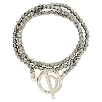 Nikki Lissoni Silver Color Wrap Bracelet with Facet Round Pyrite Beads of 4mm with Gold-Plated T-Ba…