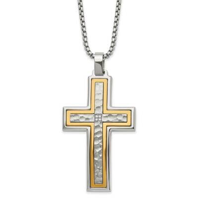Polished Yellow Ip with CZ Diamond Cross 24 Inch Necklace Stainless Steel Brushed SRN2963-24 by Chi…