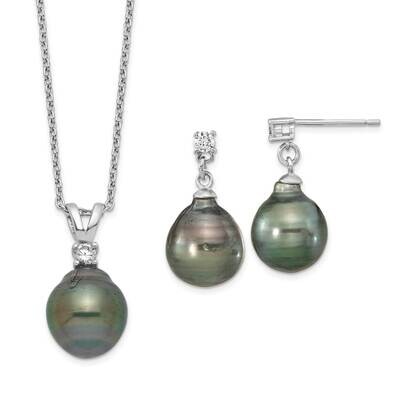 9-10mm Teardrop Tahitian Saltwater Pearl CZ Diamond Ear&amp;Neck Se Sterling Silver Rhodium-plated QH56…