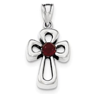 Antiqued Open Cross with Red Stone Pendant Sterling Silver QC8206