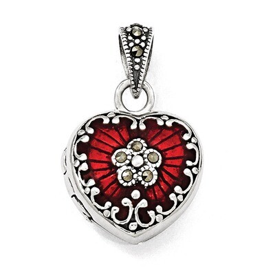 Red Enamel &amp; Marcasite Heart Locket Sterling Silver QP1291, MPN: QP1291, 191101560996