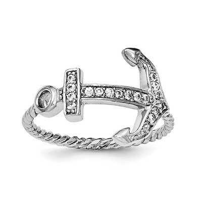 Textured CZ Diamond Anchor Ring Sterling Silver Rhodium-plated Polished QR6231, MPN: QR6231,