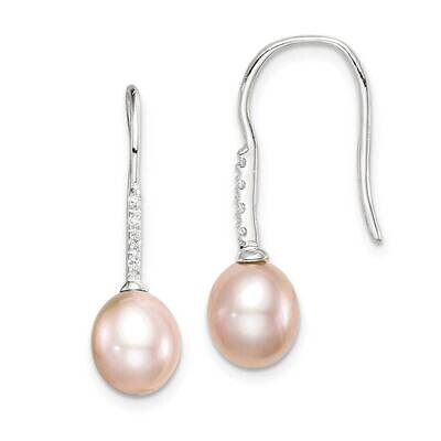 7-8mm Pink Freshwater Cultured Pearl Dangle Earrings Sterling Silver CZ Diamond QE14964, MPN: QE149…