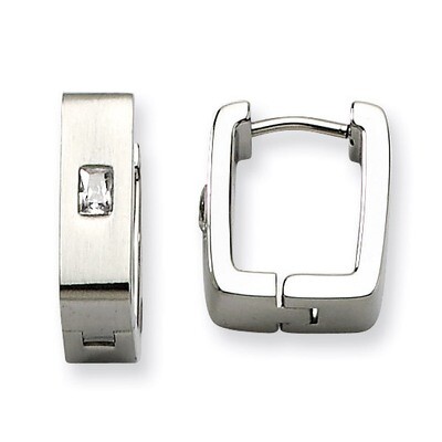Synthetic Diamond Brushed &amp; Polished Square Hinged Earrings - Stainless Steel SRE365 by Chisel, MPN…
