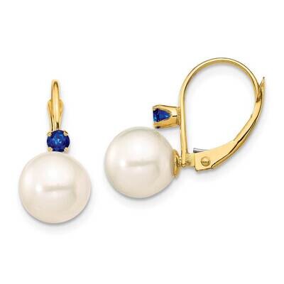 8-8.5mm White Round Freshwater Cultured Pearl Sapphire Leverback Earrings 14k Gold XF752E_S, MPN: X…