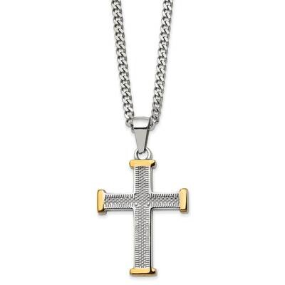 Textured &amp; Polished Yellow Ip-Plated Cross 22 Inch Necklace Stainless Steel SRN2970-22 by Chisel, M…