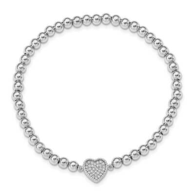 Heart Beaded Stretch Bracelet Sterling Silver Rhodium Plated CZ Diamond QH5453, MPN: QH5453, 191101…