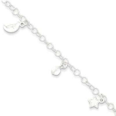 9 Inch Sun, Moon &amp; Stars with &amp; Extension Anklet Sterling Silver Polished QG2777-9, MPN: QG2777-9, …