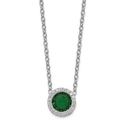 Glass Sim. Emerald &amp; CZ Diamond Pendant 18 Inch Necklace Sterling Silver Rhodium Plated QCM932-18, …