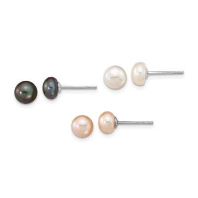 6-7mm Set of 3 Wt Bk Pink Button Fwc Pearl Earrings Sterling Silver Rhodium-Plated QE16332SET, MPN:…