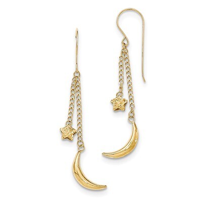 Chain Dangle Puffed Moon &amp; Stars Shepherd Hook Earrings 14k Gold H1095, MPN: H1095, 191101368578