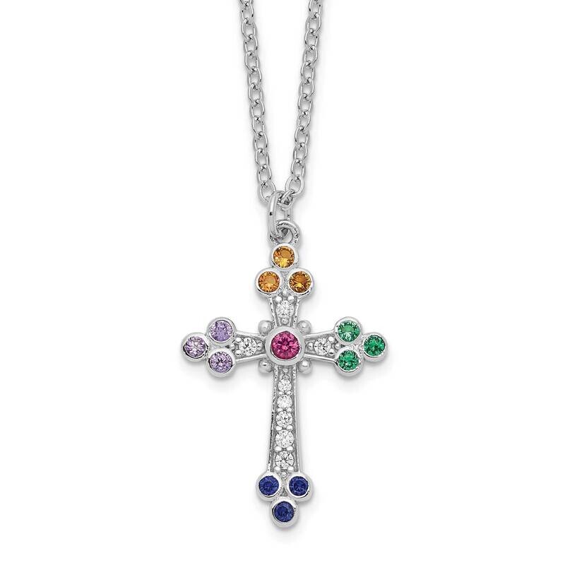 Multi-Color CZ Diamond Cross Necklace 18 Inch Sterling Silver Rhodium-Plated Polished QG6066-18, MP…