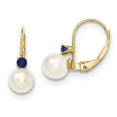 6-6.5mm White Cultured PEarringsl &amp; .10ct. Sapphire Leverback Earrings 14k Gold XLB60S/PL, MPN: XLB…