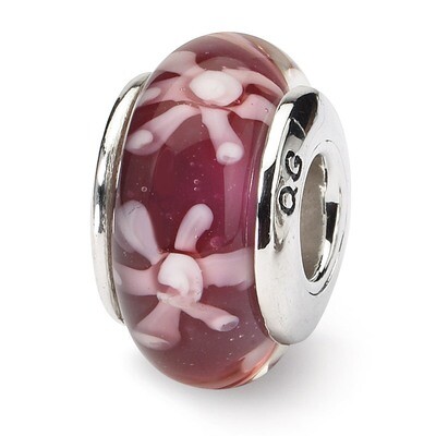 Purple Floral Hand-blown Glass Bead - Sterling Silver QRS618, MPN: QRS618, 883957725284
