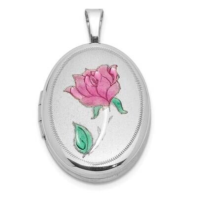 Enameled Rose 19X15mm Oval Locket Sterling Silver Rhodium-plated QLS1060, MPN: QLS1060,