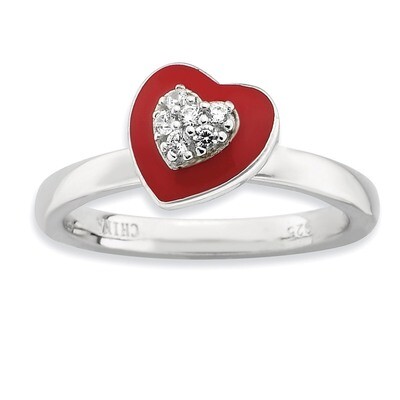 Enameled Synthetic Diamond Heart Ring - Sterling Silver Polished QSK581, MPN: QSK581, 886774218861