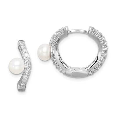 5-6mm White Button Freshwater Cultured Pearl CZ Diamond Hoop Earrings Sterling Silver Rhodium Plate…