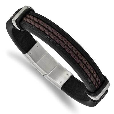 Black Brown Braided Leather with .5 Inch Extender Bracelet Stainless Steel Polished SRB2411-8, MPN:…