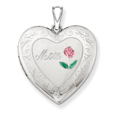 Mom Heart Locket Sterling Silver 24mm Enameled Diamond-cut QLS408, MPN: QLS408, 883957144382