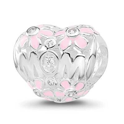 Pink Enamel CZ Floral Mom Heart Bead Sterling Silver Rhodium-plated QRS4448, MPN: QRS4448,