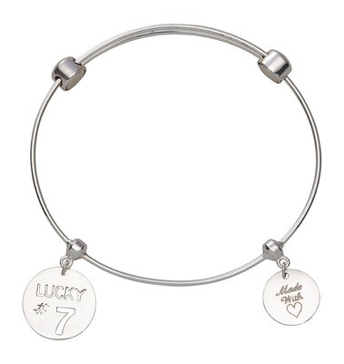 Nikki Lissoni Charm Bangle Silver-Plated with Two Fixed Charms Lucky 7 Made with Love 17cm 6.7 inch…