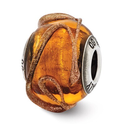 Brown with Textured Lines Glass Bead - Sterling Silver QRS2589, MPN: QRS2589, 883957549873