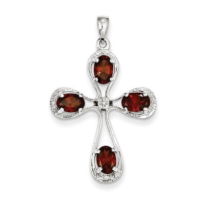Garnet &amp; Diamond Cross Pendant Sterling Silver Rhodium QDX908, MPN: QDX908, 883957399508