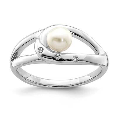 (5-6mm) Button Freshwater Cultured Pearl Ring Sterling Silver Rhodium-plated CZ Diamond QR6873, MPN…