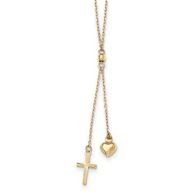 16 Inch Puffed Heart &amp; Diamond -cut Cross Graduated Chain with 2 inch Extender Necklace 14k Gold SF…