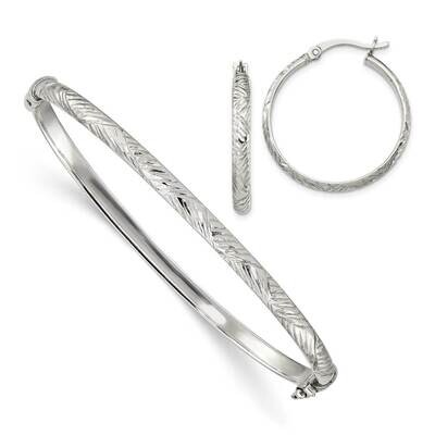 Bangle 4mm &amp; Hoop 3mm Earring Set Sterling Silver Diamond Cut QB1340SET, MPN: QB1340SET, 8867740869…