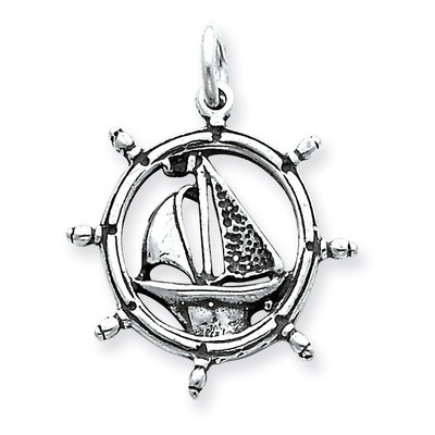Sailboat in Wheel Charm Antiqued Sterling Silver QC4965, MPN: QC4965, 883957572215