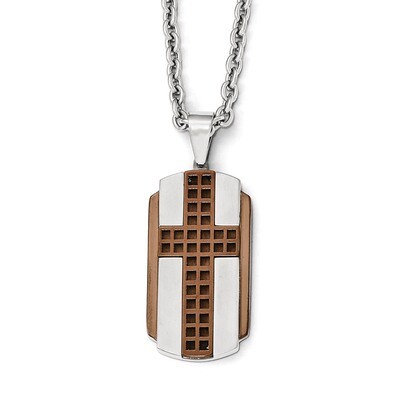Brushed &amp; Polished Brown IP-plated Cross Necklace - Stainless Steel SRN1999-24 by Chisel, MPN: SRN1…