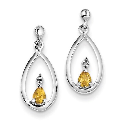 Pear Citrine &amp; Diamond Post Earrings Sterling Silver Rhodium QDX778, MPN: QDX778, 883957567488