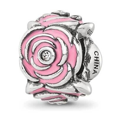 Pink Enamel and CZ Floral Bead Sterling Silver QRS4294, MPN: QRS4294,