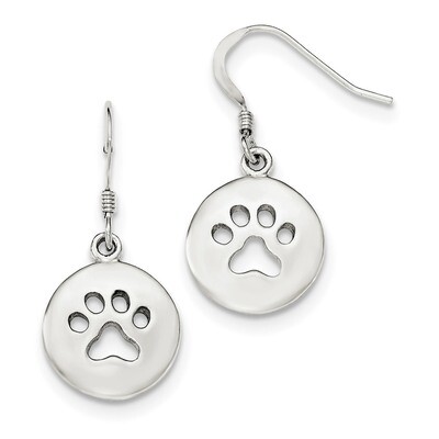 Paw Print Shepherd Hook Earrings Sterling Silver Polished QE11946, MPN: QE11946, 886774761107