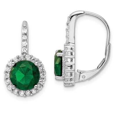Cheryl Msimulated Emerald Center &amp; CZ Diamond Leverback Earrings Sterling Silver Rhodium-plated QCM…