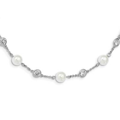 CZ Diamond &amp; Simulated Pearl Station 36 Inch Necklace Sterling Silver Rhodium-plated QCM729-36, MPN…