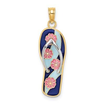 Pink Flowers On Blue Stripes Flip-Flop Charm 14k Gold Enamel K6802, MPN: K6802, 637218123278